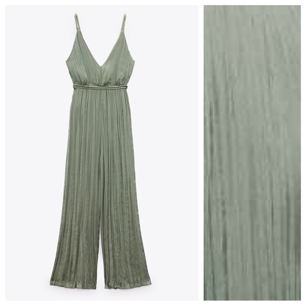 NWT. Zara Green Satin Effect Wrinkled Effect/Pleaded Jumpsuit. Size L. - Picture 5 of 9
